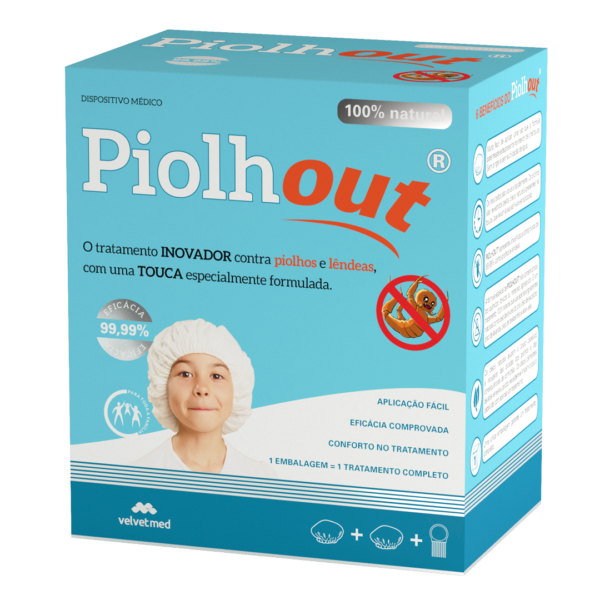 Embalagem azul de Piolhout com menina com uma touca na frente