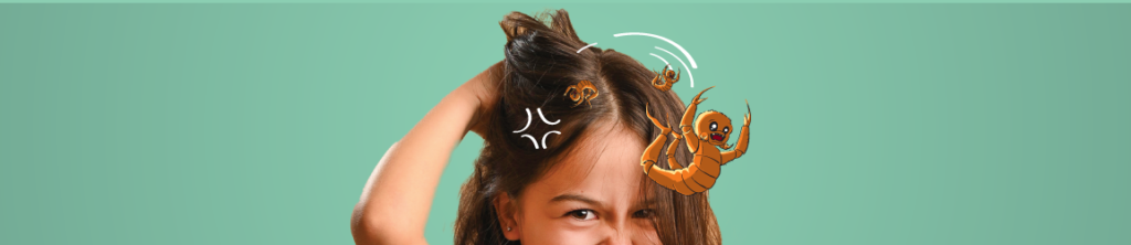 Menina a coçar a cabeça e piolhos em versão desenho animado