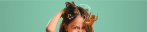 Menina a coçar a cabeça e piolhos em versão desenho animado