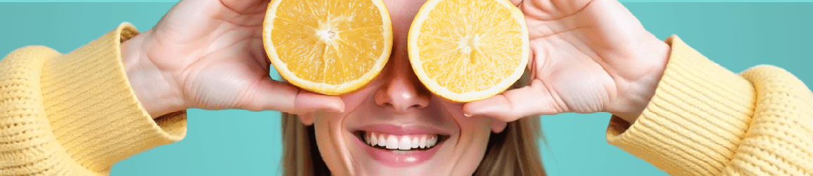 mulher a segurar duas meias laranjas na região dos olhos em alusão à vitamina C